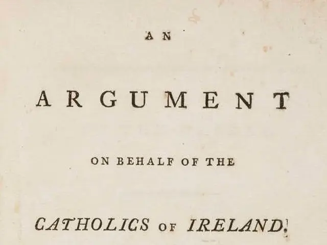 The image shows an argument on behalf of the Catholics of Ireland, with text written on the paper....
