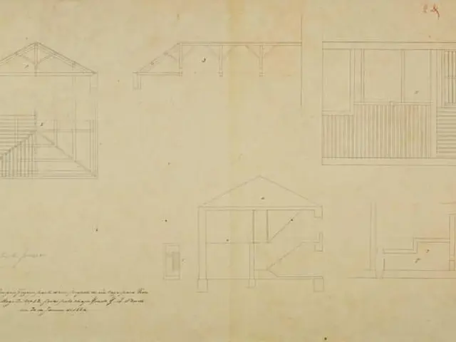 The image shows a drawing of a house with a lot of windows and a door, which is likely a plan for a...