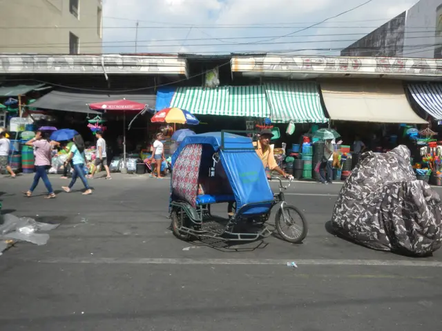 The image shows a bustling street scene with a rickshaw parked on the side of the road. There are...