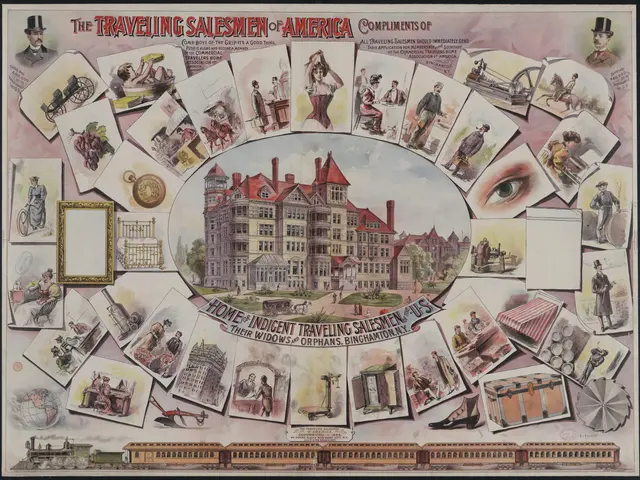 The image shows a poster depicting the traveling salesman of America, with a building in the center...
