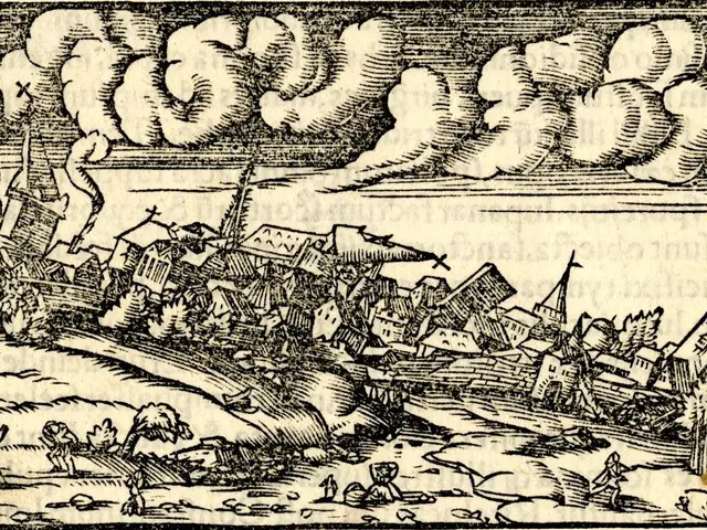 The image shows a black and white drawing of a city with smoke coming out of it, depicting people,...