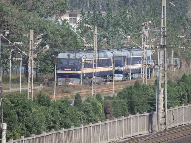 The image shows a train traveling down train tracks surrounded by a forest of trees, with electric...
