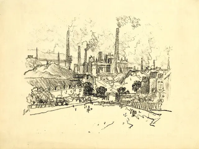The image shows a drawing of a factory with smoke coming out of its chimneys, surrounded by...