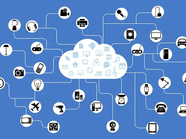 The image shows a blue background with a cloud in the center, surrounded by various icons...