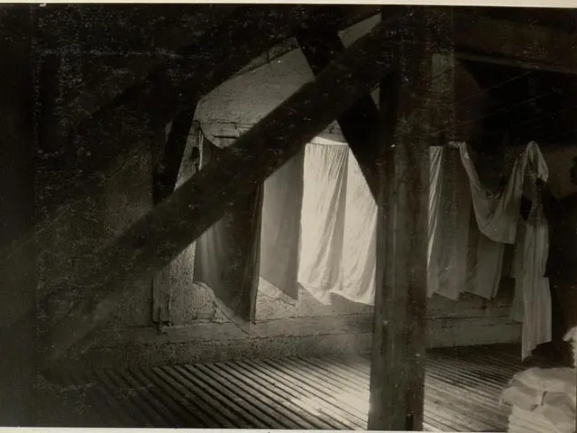 The image shows an old black and white photo of a room with clothes hanging out to dry on a clothes...