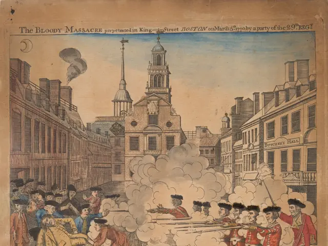 The image shows an old book with a drawing of a group of people in front of a building, with some...