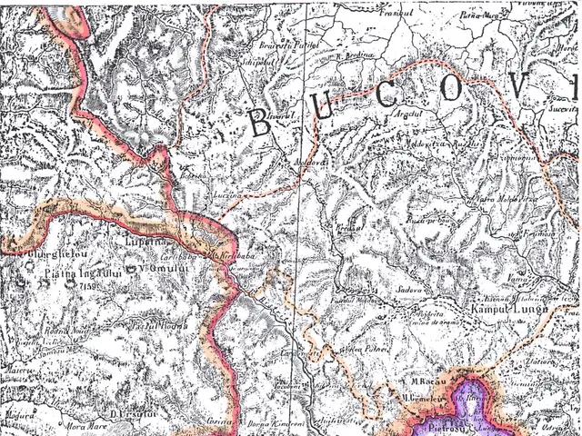 The image shows a topographic map of the area of the city of Bucharest, Romania. It is a top view...