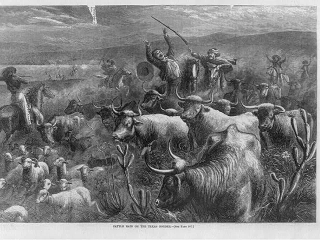 The image shows a black and white engraving of a herd of cattle in a field, with people on...