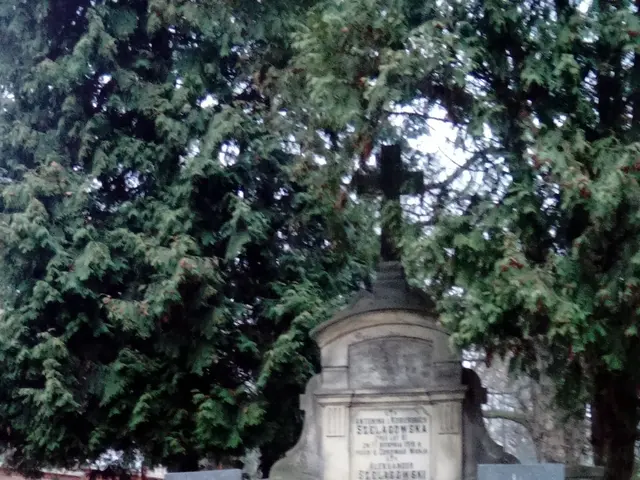The image shows a cemetery with a grave in the center, adorned with flowers and candles. In the...