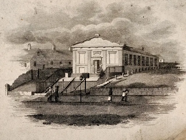 The image shows a drawing of the Royal Jubilee School in London, England. It is a black and white...