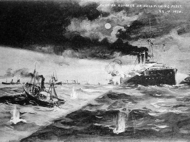 The image shows a black and white painting of a battleship in the ocean with smoke billowing out of...
