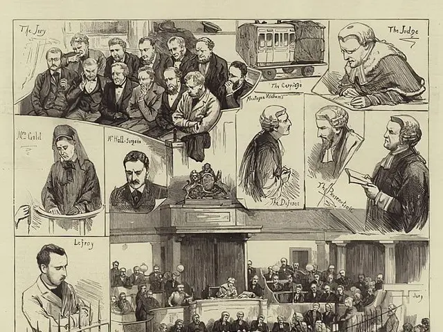 The image shows a black and white drawing of a courtroom scene with a group of people sitting in...