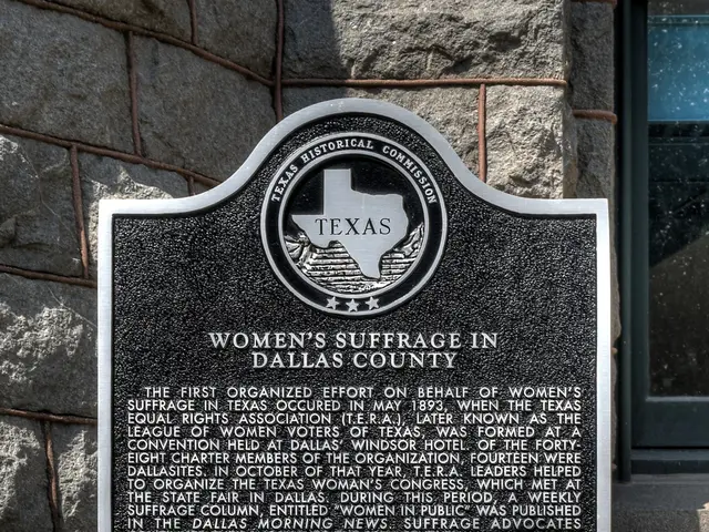 The image shows a plaque on the side of a building that reads "Women's Suffrage in Dallas County"....