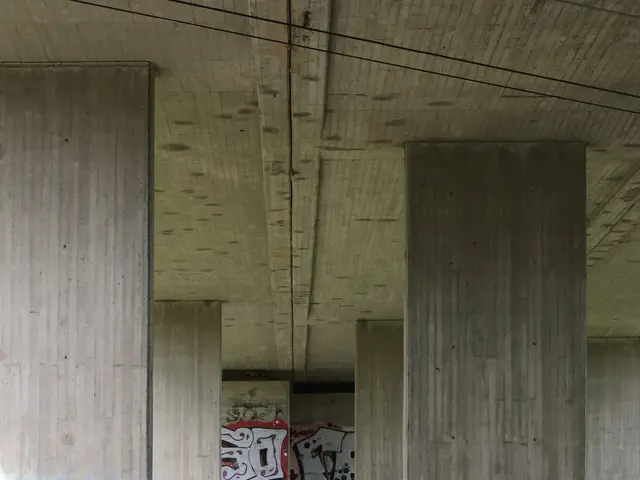The image shows a train track with graffiti on the side of it, surrounded by stones, grass, a...
