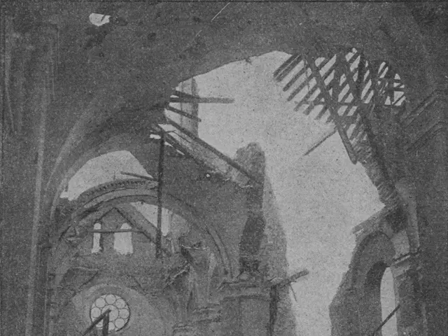The image shows the interior of a church that has been destroyed by a fire. The photo is in black...