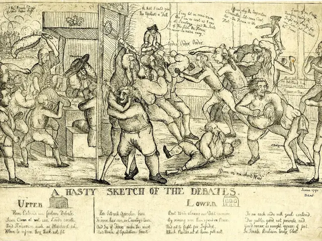 The image shows a paper with a sketch of a chaotic scene of people engaged in a heated debate. The...