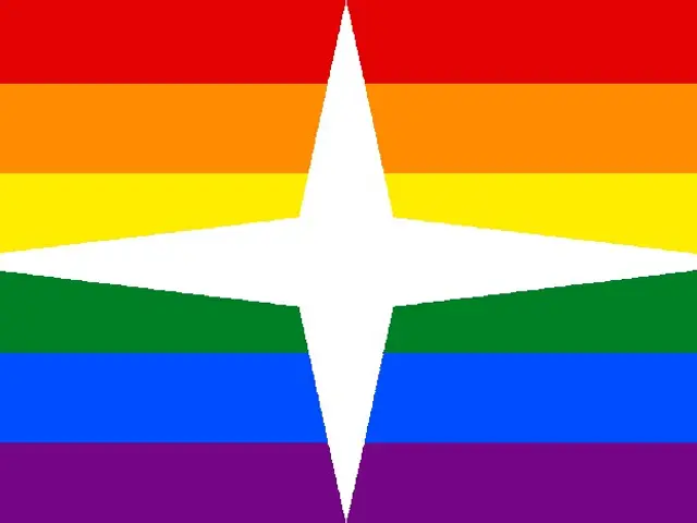 The image shows a rainbow flag with a white star in the center, representing the LGBT community....