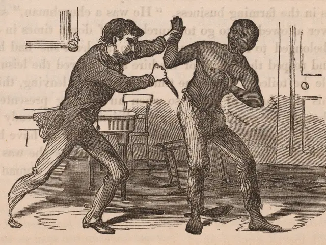 The image shows two men engaged in a fight, with one man holding a knife in his hand. In the...