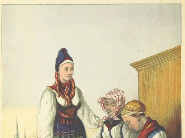The image shows three women in traditional Swedish clothing sitting on a bench, with one of them...