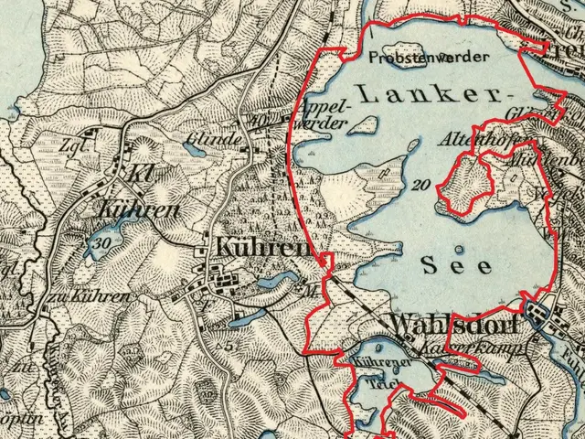The image shows an old map with a red line in the middle of it, indicating the location of a lake....