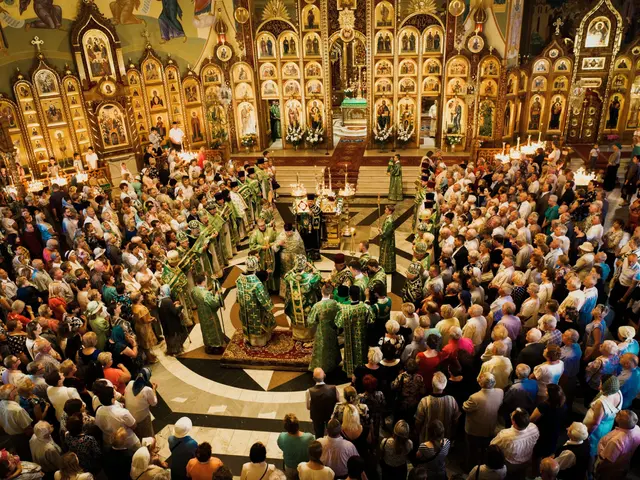 The image shows a large group of people standing in front of a church, with some of them holding...