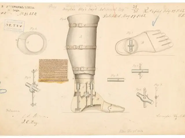 The image shows a drawing of a leg with a foot and a foot brace on it, along with a paper with some...