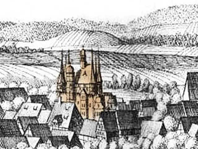 The image shows a black and white drawing of a small town with a church in the middle, surrounded...