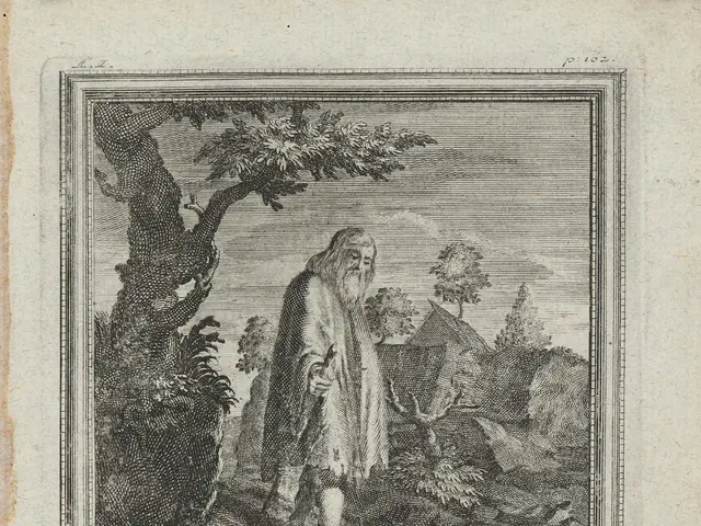 The image shows an old man standing in a wooded area, surrounded by trees and a house in the...