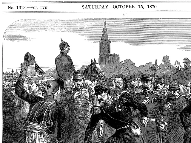 The image shows a black and white drawing of a group of people standing in front of a building,...