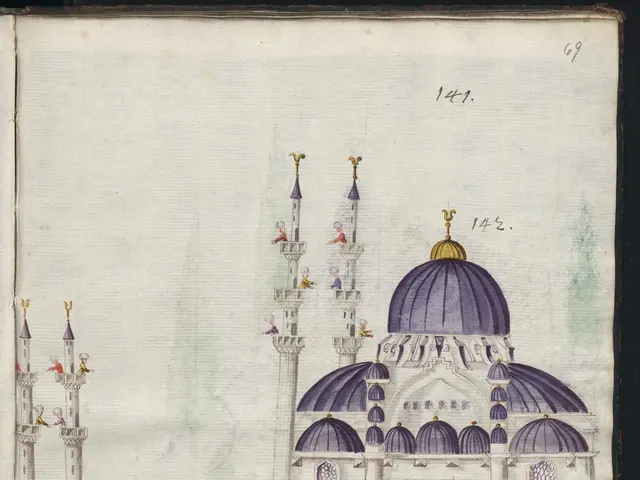 The image shows an open book with a drawing of a mosque on it. The building is depicted in detail,...