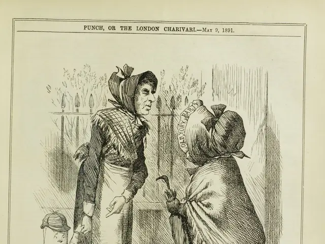 The image shows an old book with a drawing of a woman and a child standing side by side. The woman...