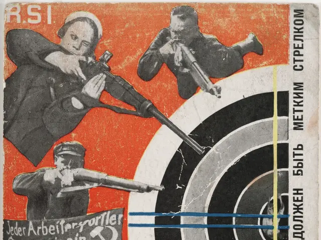 The image shows a Soviet propaganda poster with a man holding a rifle in front of a target,...