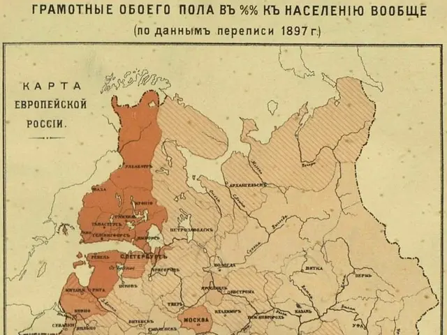 The image shows a poster with a map of the Russian Empire, depicting the percentage of people...