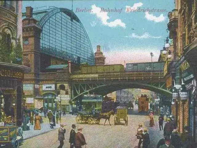 The image shows an old postcard of a bustling city street in Berlin, Germany. We can see people...