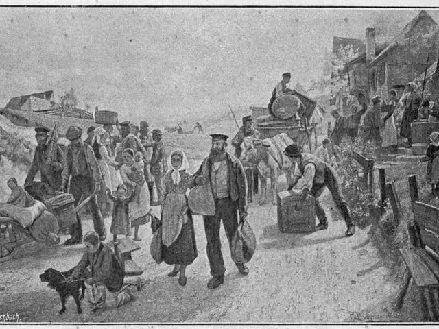 The image shows a group of people walking down a dirt road, some of them carrying bags and one...