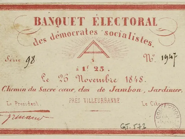 The image shows an old envelope with a red border and a stamp on it. The text on the envelope reads...