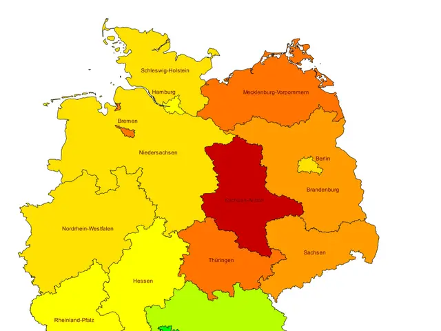 The image shows a map of Germany with different colors representing the percentage of people living...