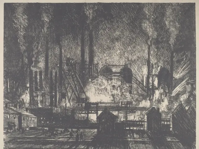 The image shows a black and white etching of a factory with smoke billowing out of it. The paper...