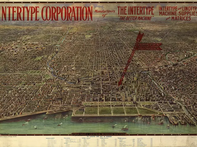 The image shows an old map of the city of Chicago, Illinois, with the Intertype Corporation logo...