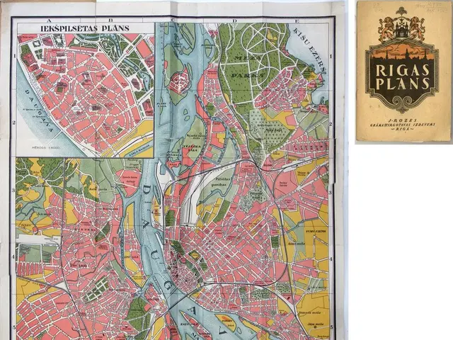 The image shows an old map of the city of Riga, Latvia, with text and a logo on the right side. The...
