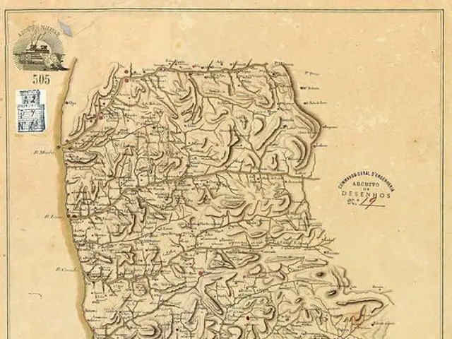 The image shows an old map of the state of California, with text and a stamp on the paper. The map...