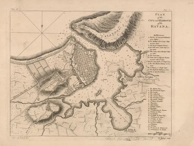 The image shows a paper with a map of the city of Havana, Cuba, with text written on it. The map is...