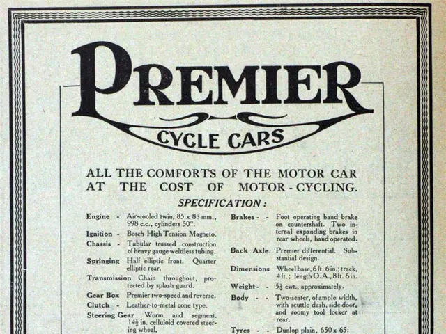 The image shows an advertisement for the Premier Cycle Cars, featuring a poster with text and an...
