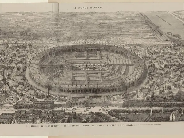 The image shows an aerial view of a city with a large stadium in the center. The stadium is...