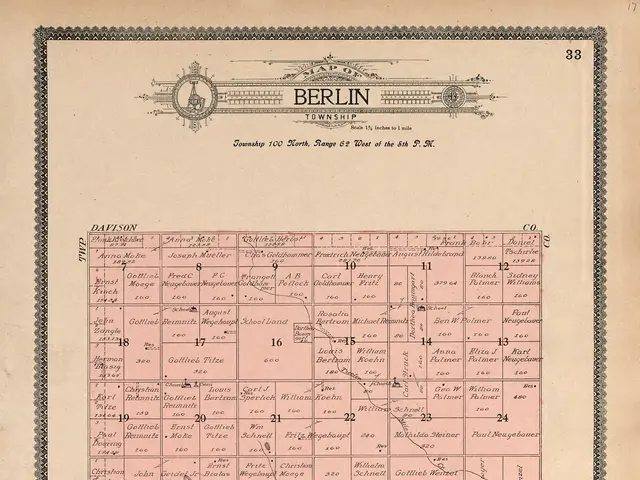 The image shows an old map of the city of Berlin, Germany. It is a paper with text and numbers,...